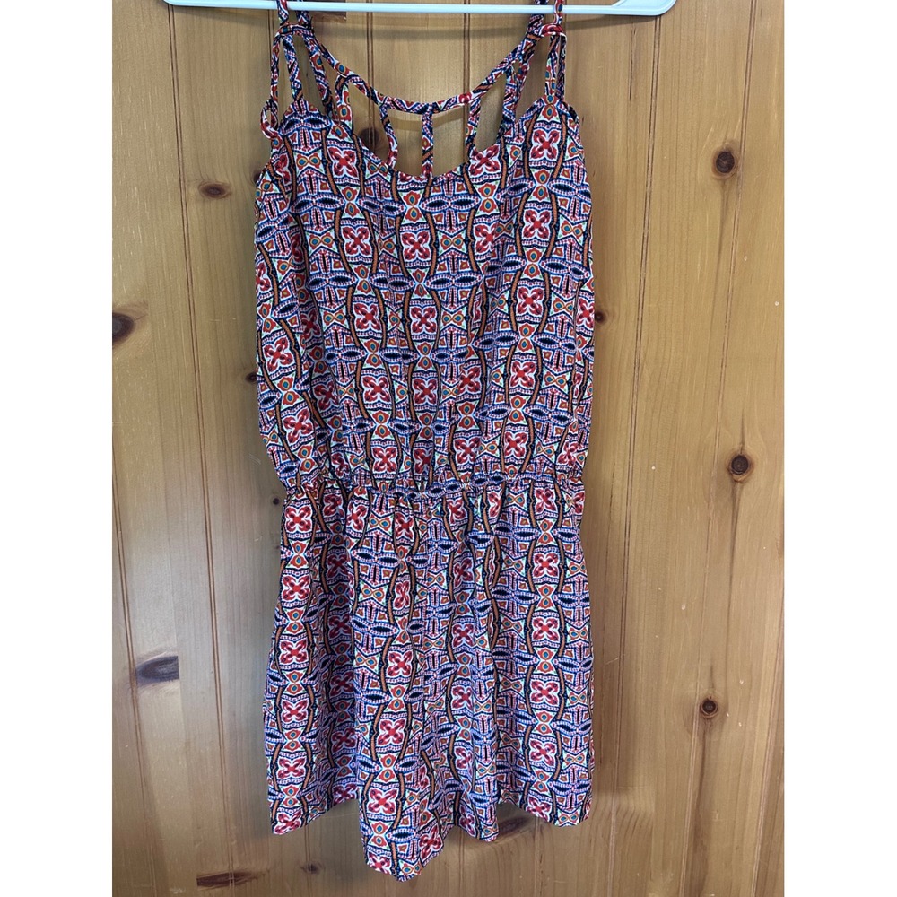 Xhilaration Geometric Medallion Beach Strappy Boho Romper Red‎ Blue Orange M